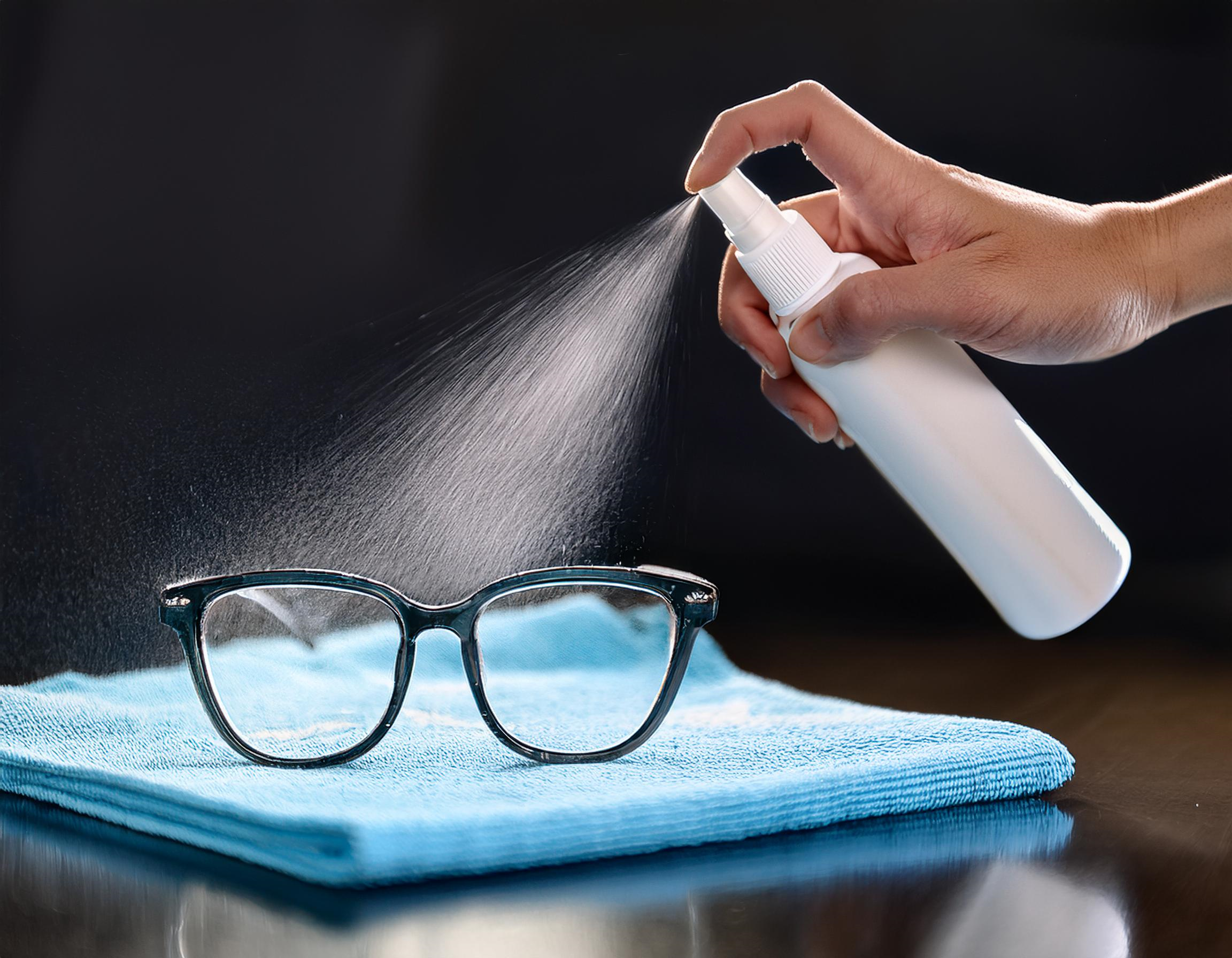 Firefly Show the act of spraying anti fog solution on a pair of glasses with a clean microfiber clot What to put on glasses to prevent fogging