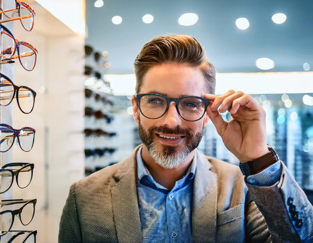 Firefly A man trying on glasses at an optical store highlighting the range of options for all ages How often should you change your glasses