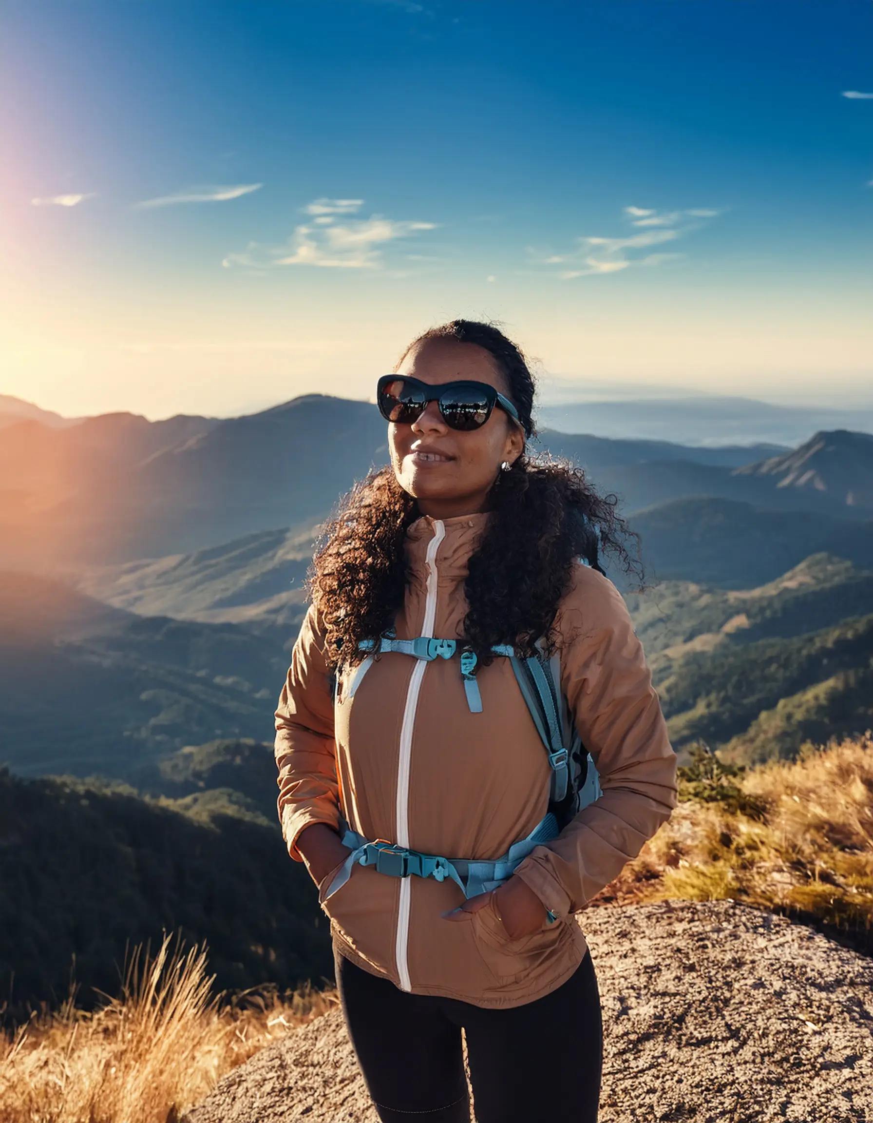 Firefly A hiker standing on a mountain peak wearing sporty polarized sunglasses with a breathtaking Polarized Sunglasses in Waterloo, Ontario