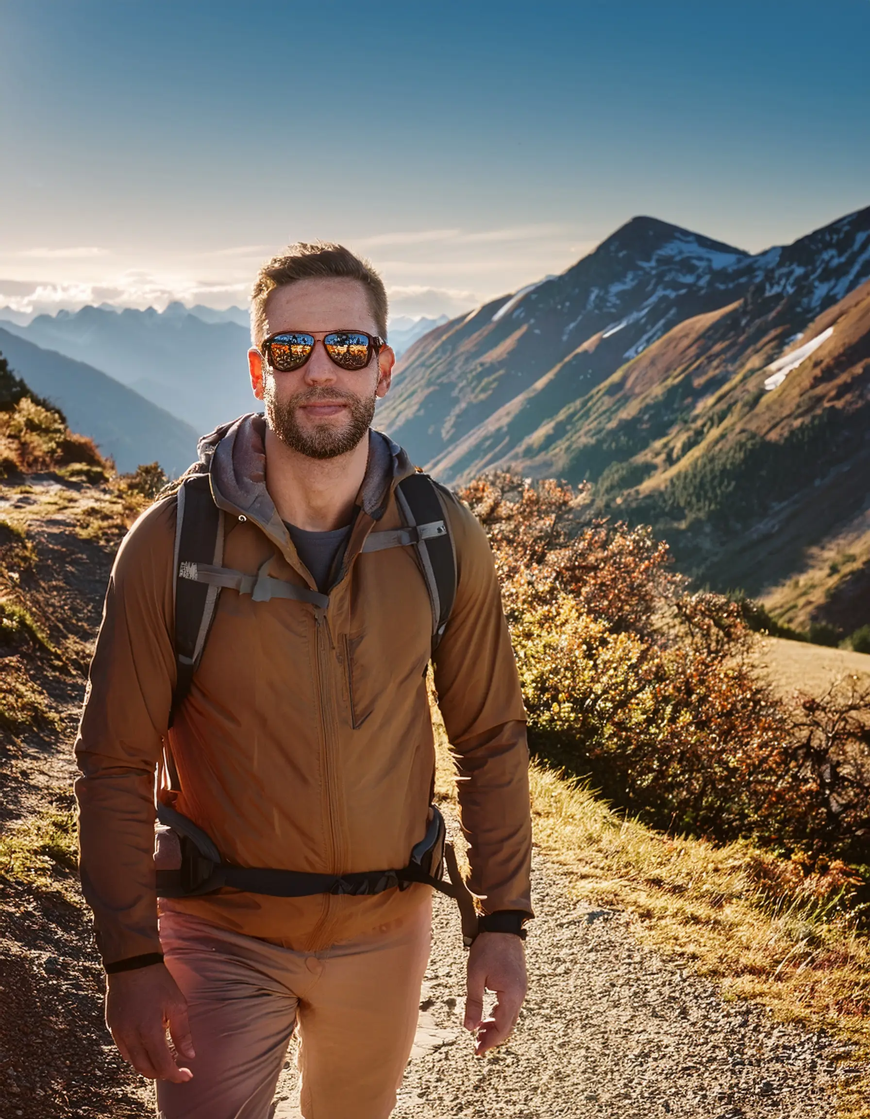 Firefly A hiker standing on a scenic mountain trail wearing sporty prescription sunglasses with gla Premier Prescription Sunglasses in Waterloo