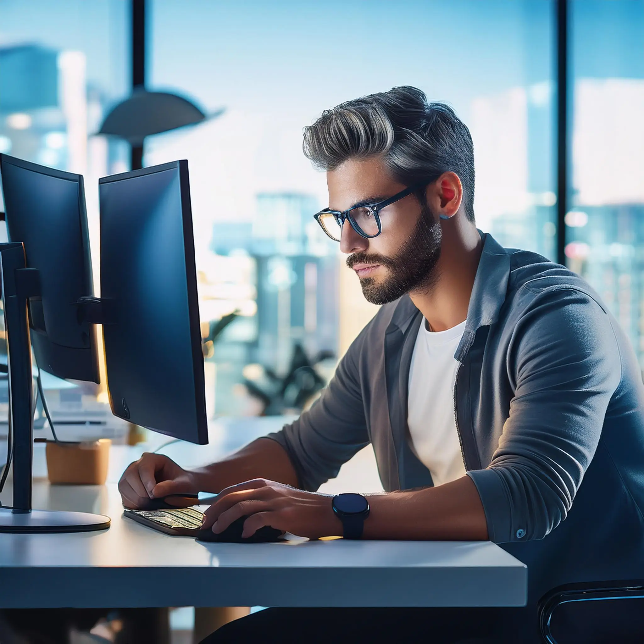 Firefly A modern workspace with a person wearing stylish computer glasses working on a dual monito Computer Glasses