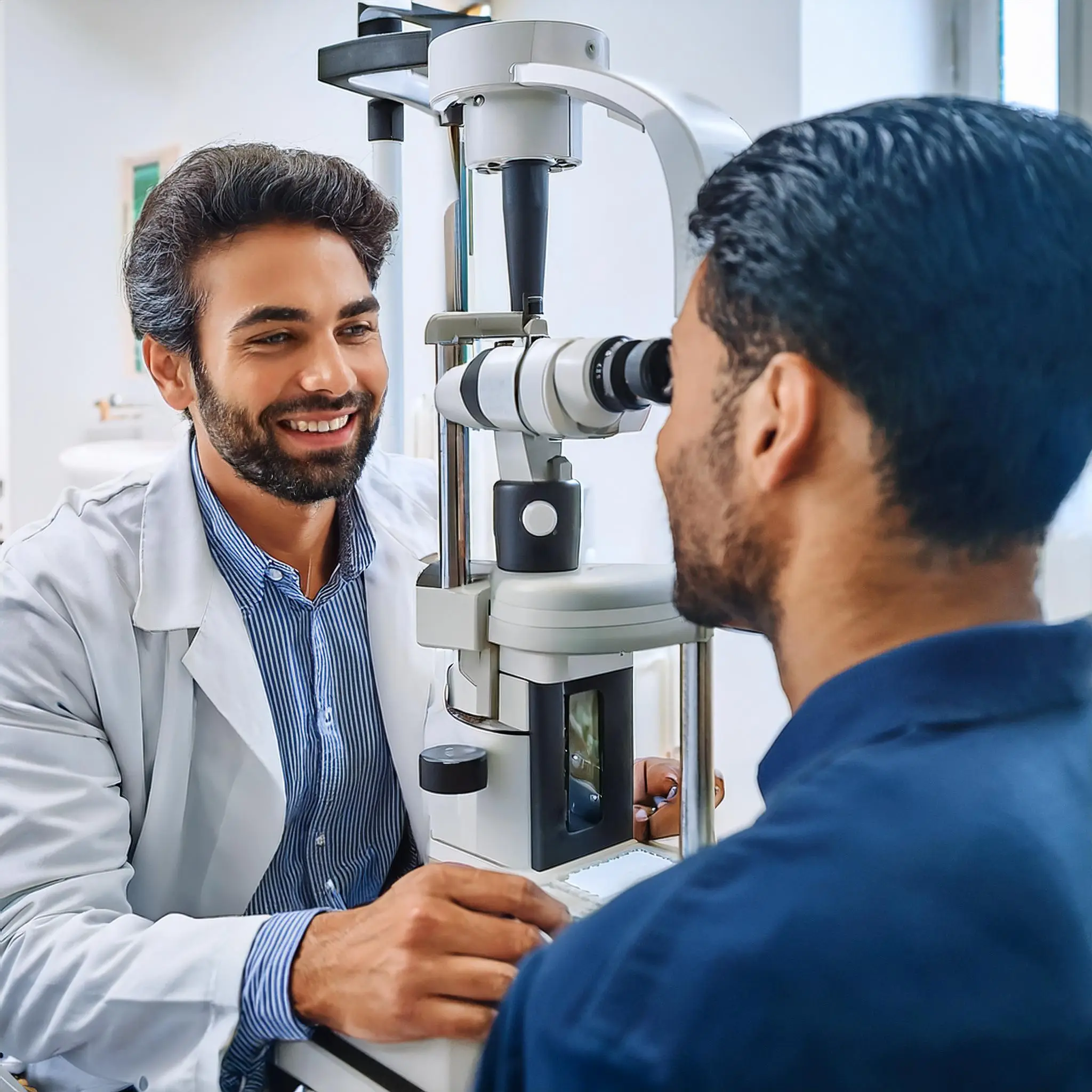 Firefly A smiling optometrist performing an eye exam on a patient using advanced equipment in a mod Reading Glasses in Waterloo