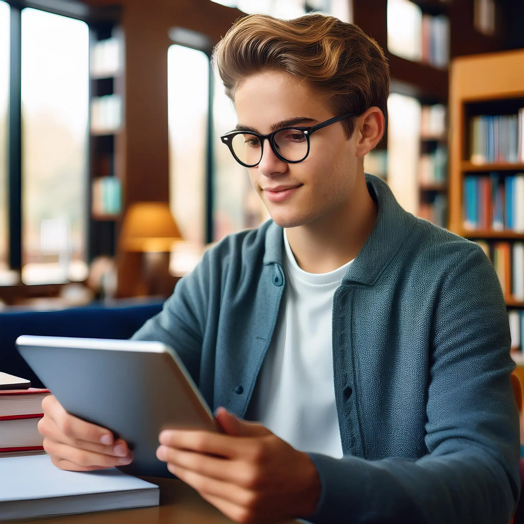 Firefly A young student wearing computer glasses studying on a tablet in a cozy library setting. Computer Glasses