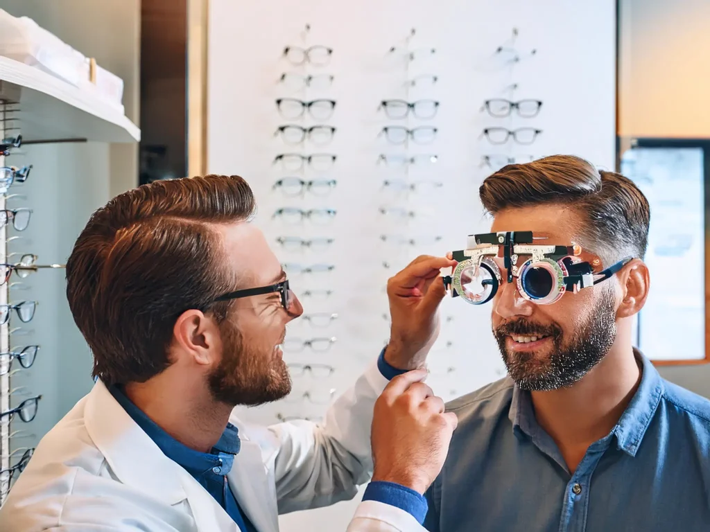 Firefly-A-professional-optometrist-conducting-an-eye-exam-for-a-customer-selecting-computer-glasses