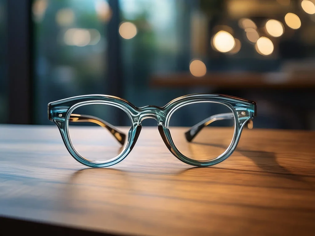 Firefly-A-stylish-collection-of-designer-computer-glasses-displayed-on-a-wooden-desk-with-soft-ligh