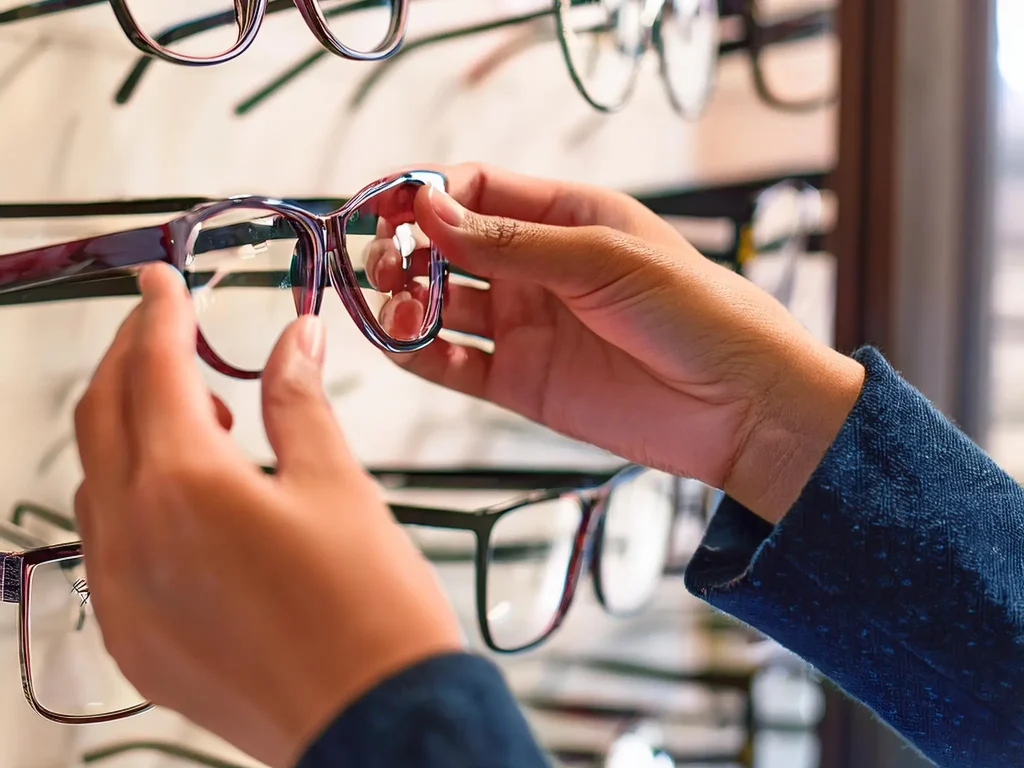 Firefly-Close-up-of-hands-adjusting-stylish-designer-reading-glasses-on-a-display-rack-in-a-boutiq